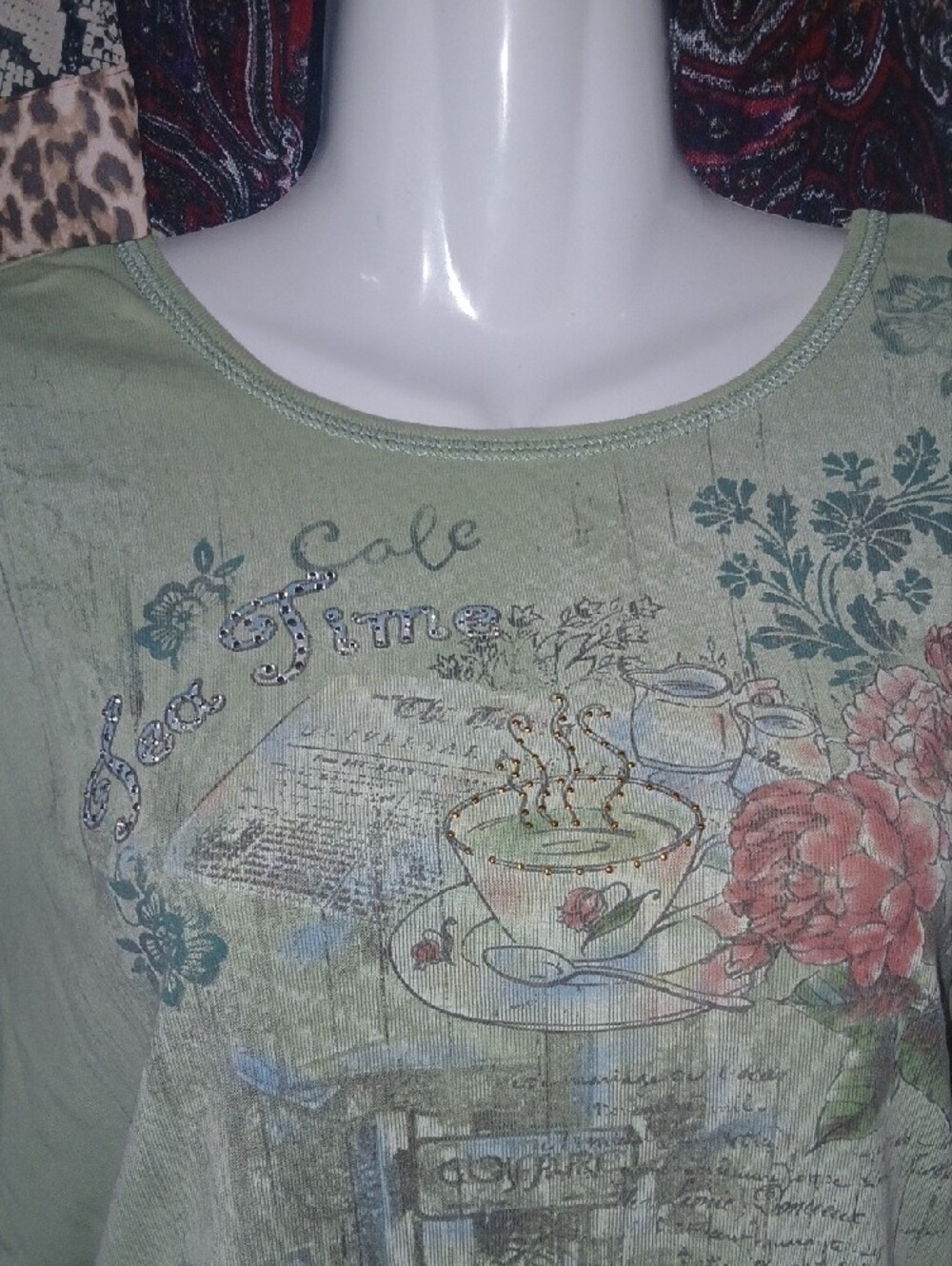 Christopher & Banks Tea Time Y2K Embellished Sage Green Floral Long-Sleeve Tee